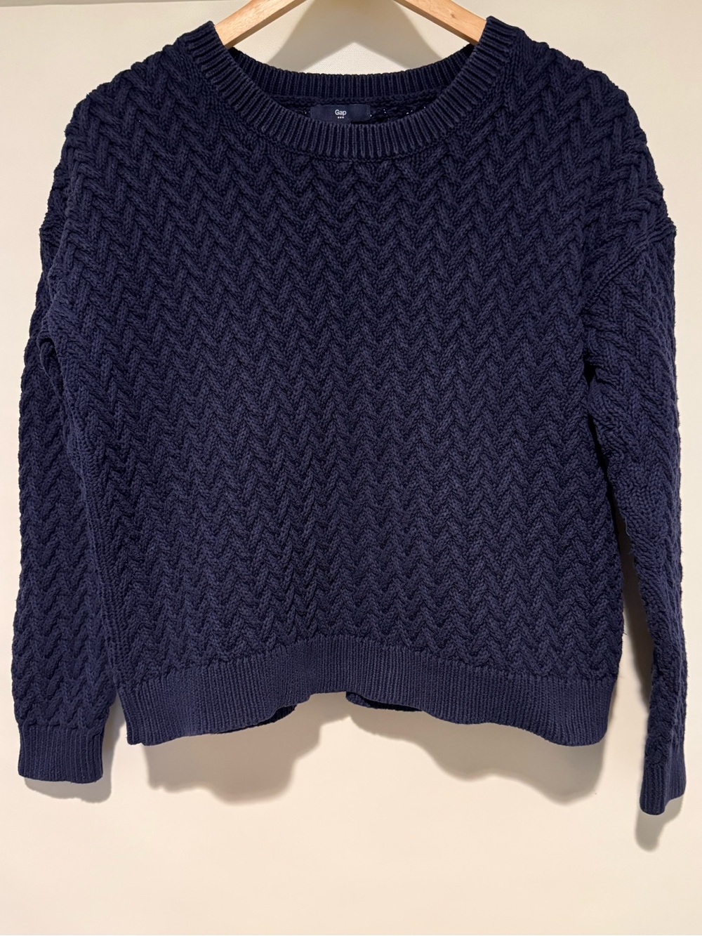 Gap Cable Knit Navy Blue Crew Neck Long Sleeve Cotton Pullover Sweater, size lg